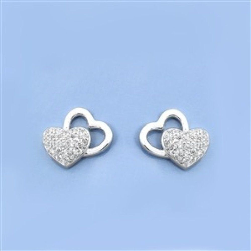 CZ Sterling Silver Double Heart Earrings Pierced Stud 925 NWT
